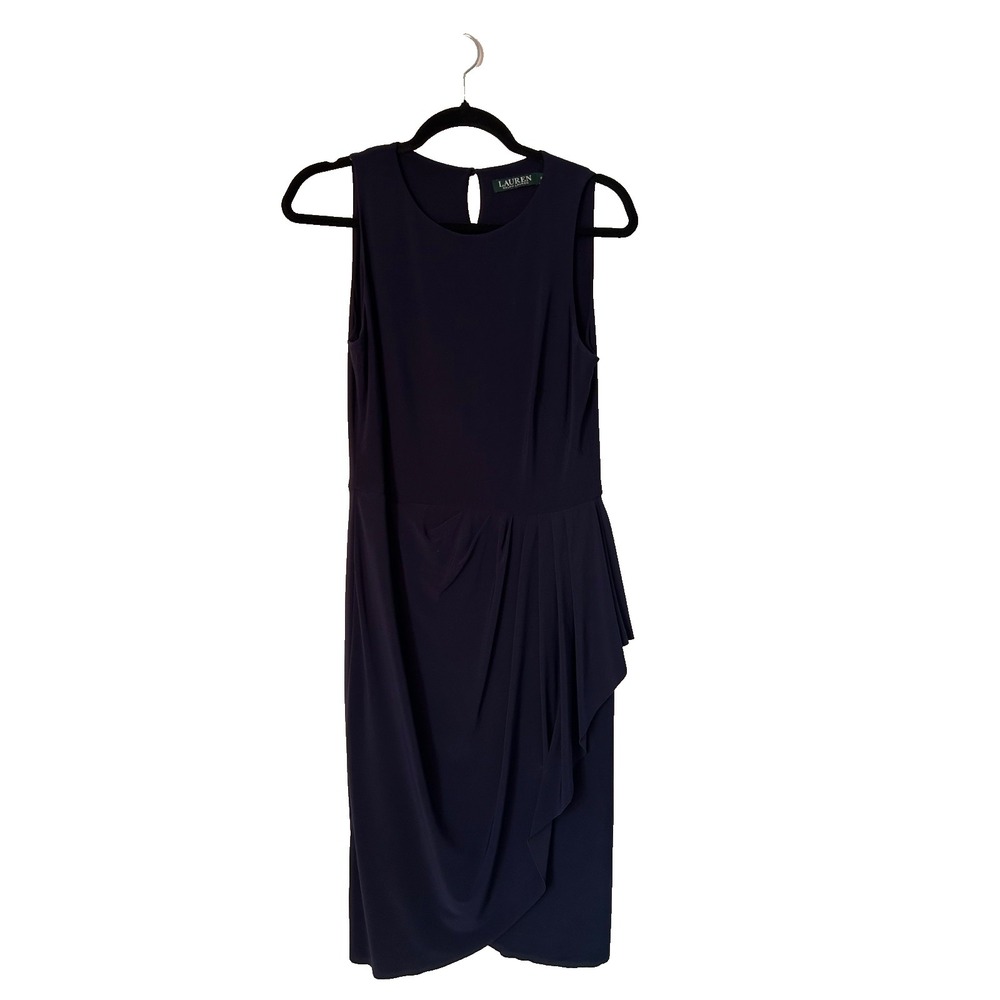Lauren Ralph Lauren Dress Size 6 Navy Blue Sleeveless Faux Wrap Pleated Gathered